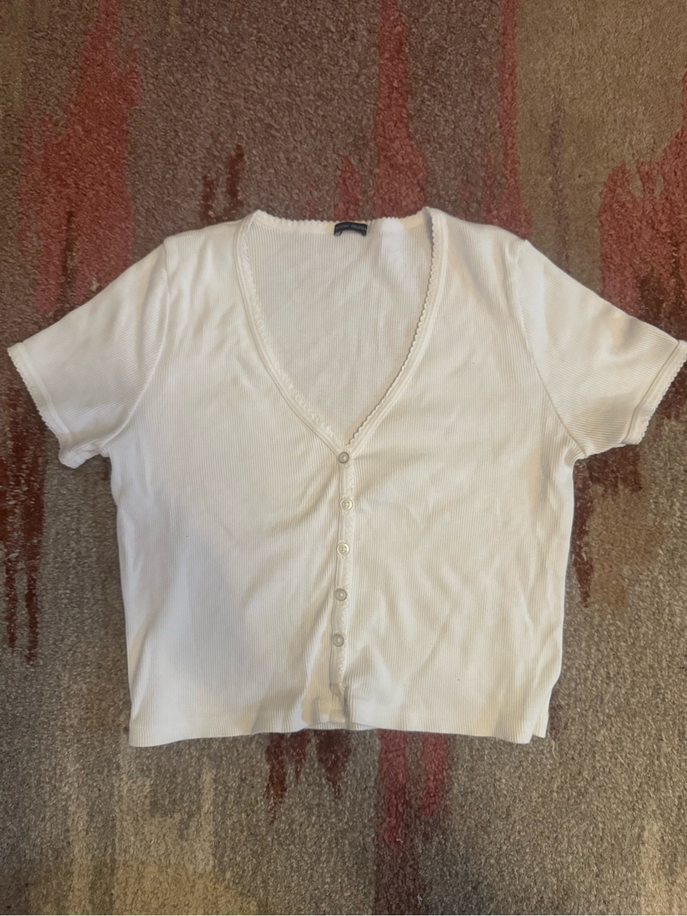 Brandy Melville White V-Neck Button Front Ribbed Top